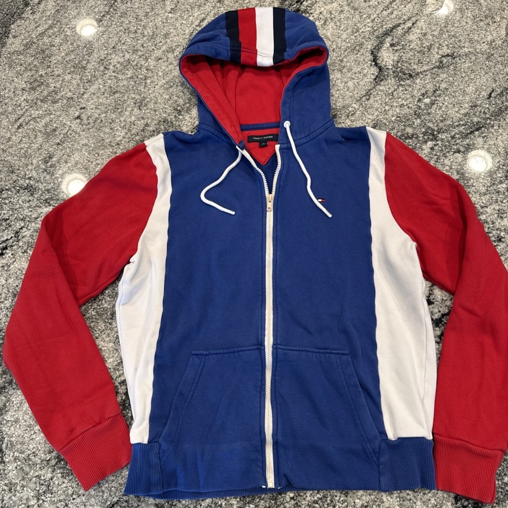 Tommy Hilfiger Jacket Full Zip Up Hoodie M Red White Blue Colors Authentic #G90